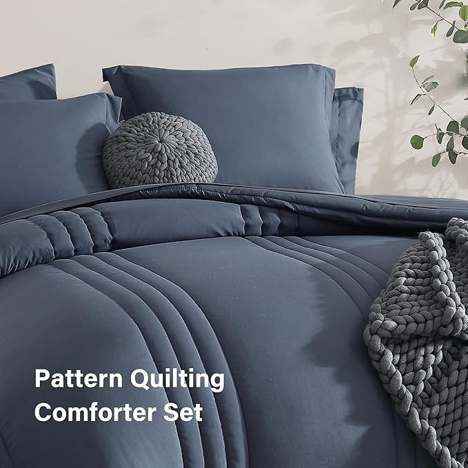 Monbix Oversized Queen Comforter Set - 7 Pieces Blue Grey Bed in a Bag Oversized Queen Bedding Sets with Comforters, All Seasons Comforter Bed Set with Sheets, Pillowcases & Shams