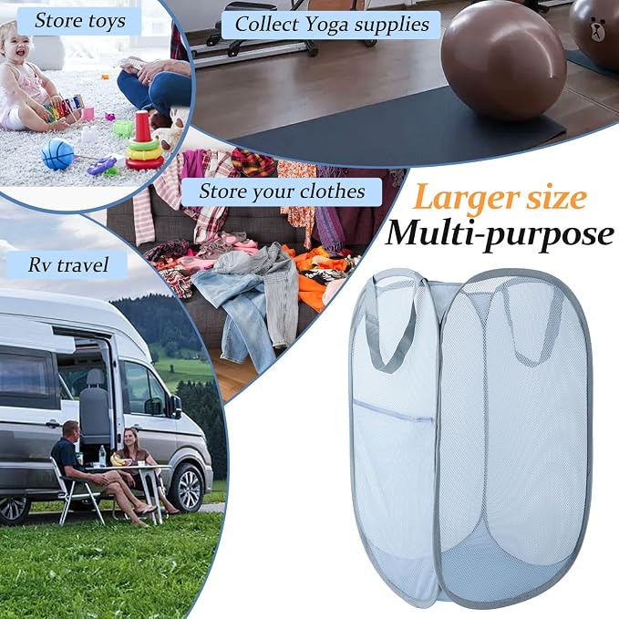 Upgraded 100L Extra Large Collapsible Laundry Hampers. Pop Up Laundry Basket Mesh with Pocket, Fold Compact, Large Hold Portable Travel Laundry Bag for Dorm Storage Bin, Grey. V - Image 4