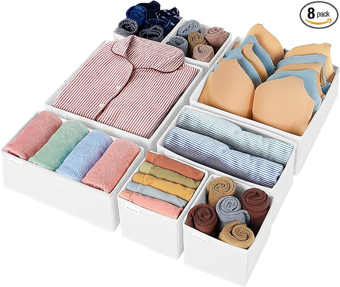 Criusia Drawer Organizer Clothes, 8 Pack Underwear Drawer Organizer, Foldable Closet Organizers and Storage Dresser Drawer Dividers for Clothes, Socks, Scarves, Ties (White) by Criusia