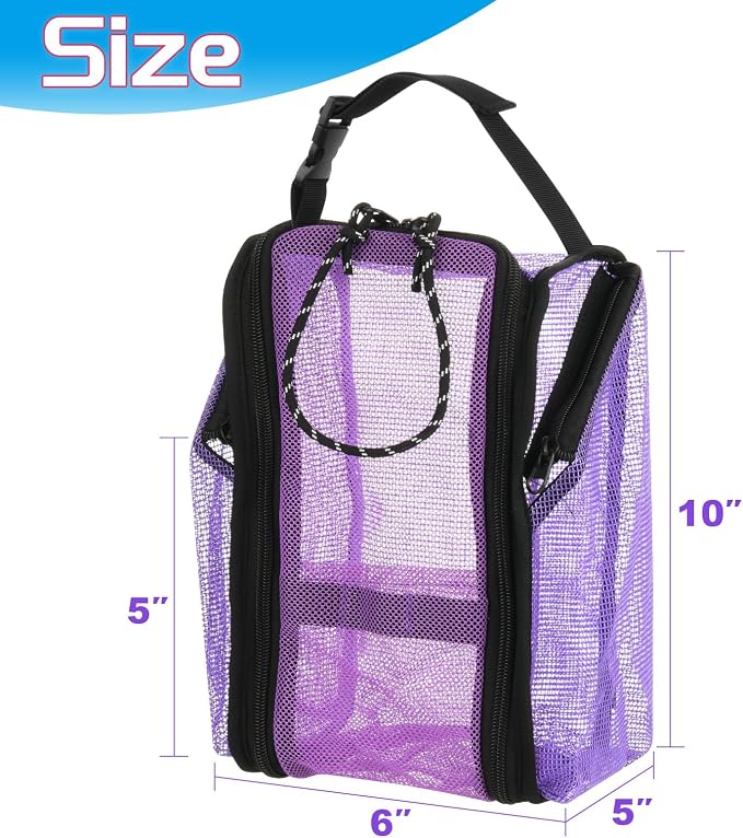 Cosmos Mesh Shower Caddy Toiletry Organizer Hanging Shower Tote Bag, Quick Dry Shower Organizer Portable Bath Bag with Durable Zippers & Side Pockets for Travel Gym Swimming Beach & Camp (Purple) - Image 2