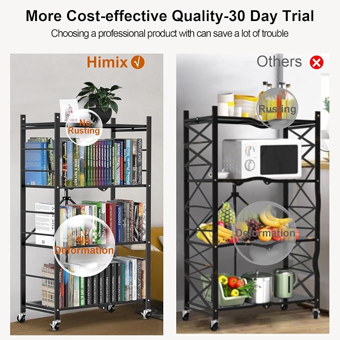 Himix Storage Shelves with 20 Hooks, 4-Tier Foldable Shelves for Storage, Folding Shelf Unit Pantry Shelves with Wheels, Metal Shelving Storage Rack Shelf for Kitchen Garage Home, Black - No Assembly - Image 7
