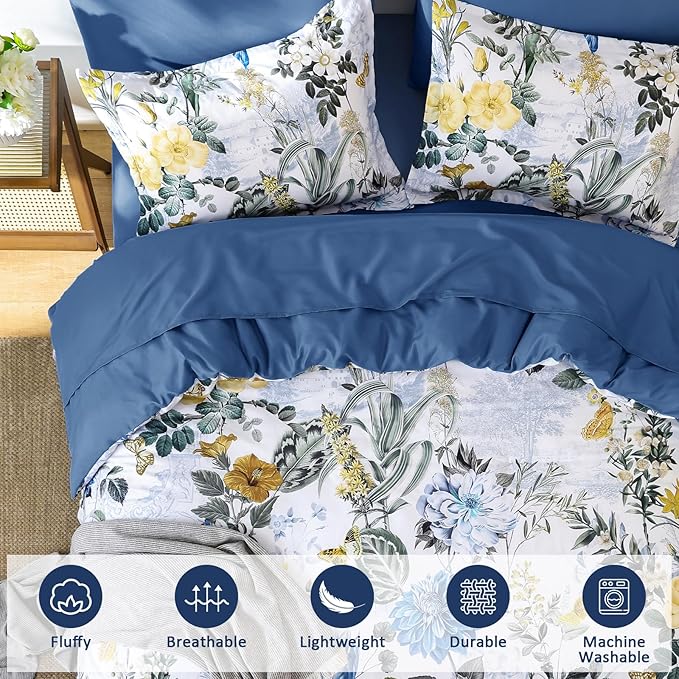 WONGS BEDDING Blue Comforter Set Queen, 7 Pieces Bed in a Bag Botanical Floral Comforter Bedding Set, Soft Microfiber Comforter with Flat Sheet, Fitted Sheet, Pillow Shams, Pillowcases