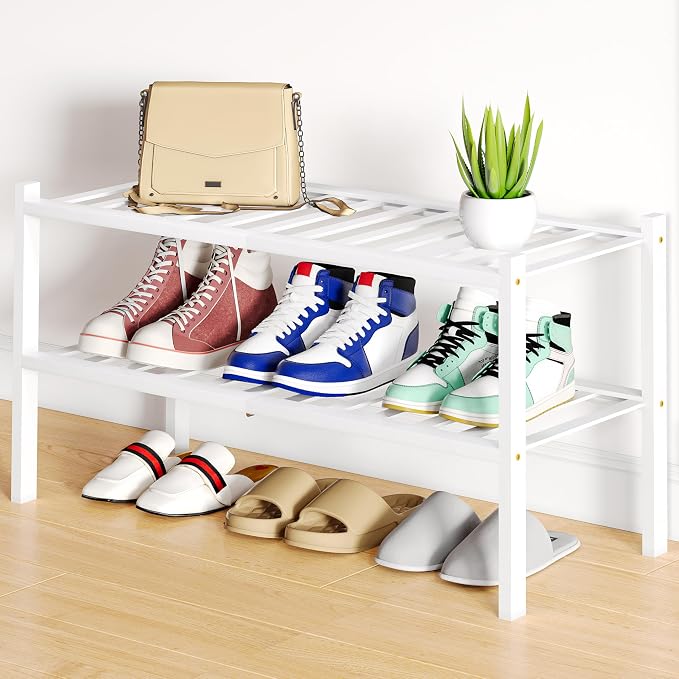 Smiry Shoe Rack, 2 Tier Bamboo Shoe Organizer, Stackable Free Standing Wooden Shoe Storage Shelf for Closet, Entryway, Front Door Entrance, White by Smiry