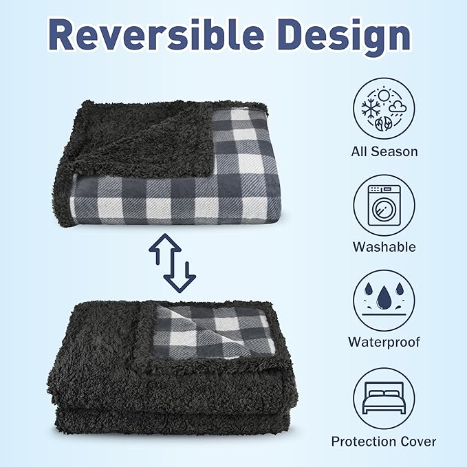 Catalonia Waterproof Bed Blanket, Washable Leakproof Bed Cover, Reversible Protector Blanket for Couch Sofa, Stain Proof Blanket Pad for Adults, 80X60 inches, Grey Plaid