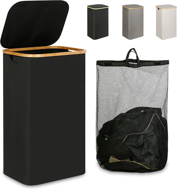 iEGrow Laundry Hamper with Lid, 110L Large Laundry Hamper with Handle and Lid, Collapsible Clothes Basket Organizer with Removable Inner Bag for Clothes Toys Towels - Black by iEGrow