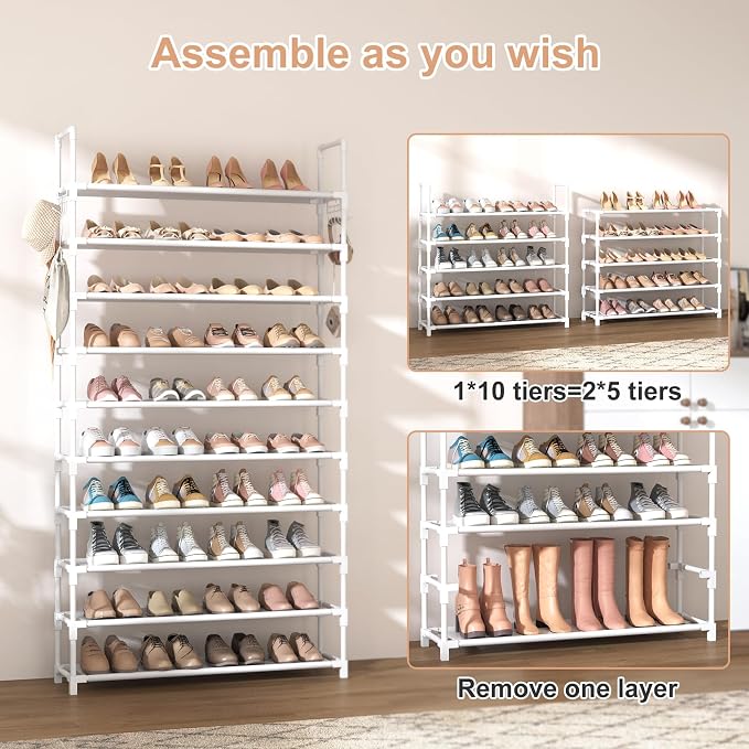 VTRIN 10 Tiers Shoe Rack Tall Large Capacity Wide Shoe Organizer Sturdy Shoe Shelf for Entryway with Two Hooks Metal Shoe Storage for Closet, Bedroom, White - Image 5