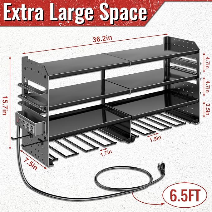 Large Power Tool Organizer Wall Mount with Charging Station, 4 Layer Heavy Duty Metal Cordless Tool Organizer, Tool Storage Rack with 8 Cordless Drill Holder Screwdriver Hammer(Black) - Image 2