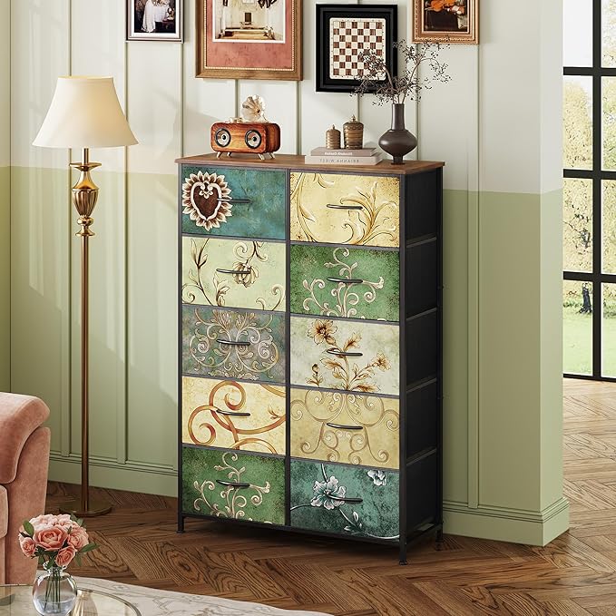 WLIVE Tall Dresser for Bedroom with 10 Drawers, Chest of Drawers, Fabric Dresser for Closet, Hallway, Living Room, Entryway, Floral Painted