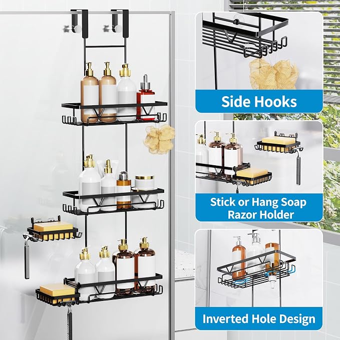 KEGII Shower Organizer Hanging Over the Door, 3 Tier Large Capacity Shower Caddy with 2 Soap Holders & Razor Holders, 18 Hooks & 4-in-1 Dual Hooks, Adjustable Rustproof Bathroom Rack, Black - Image 3