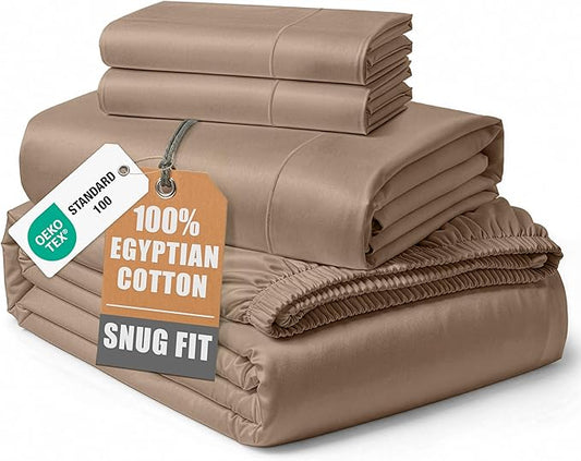 LANE LINEN 100% Egyptian Cotton King Sheet Set – Naturally Cooling & Breathable Sateen 4 Piece King Sheets, Authentic Long-Staple Cotton for Lasting Softness, Snug Fit 15" Deep Pocket Fitted - Taupe