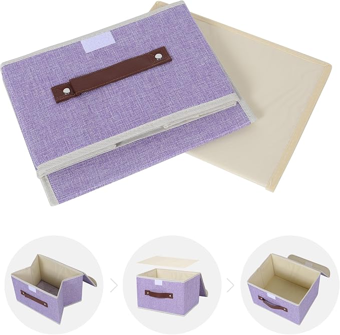 ANMINY Storage Bin with Lid Storage Boxes with PU Leather Handles PP Plastic Board Decorative Foldable Lidded Cotton Linen Fabric Home Cubes Baskets Closet Organizer Container - Purple, Small Size - Image 8