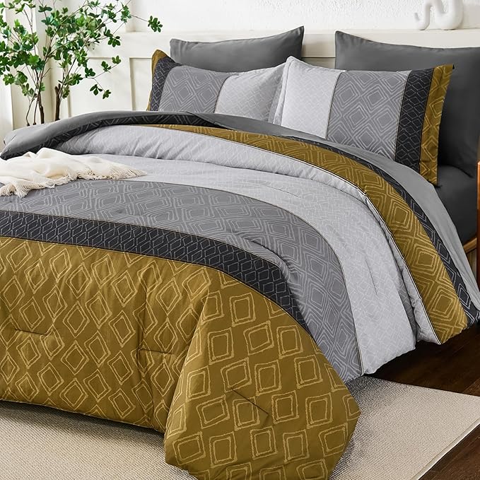 Dinjoy Boho Queen Comforter Set Gray Yellow,7 Piece Bed in a Bag Queen Size Warm Striped Mustard Grey Bedding Sets Plaid Fall Comforters Set with Sheets for Family All Season