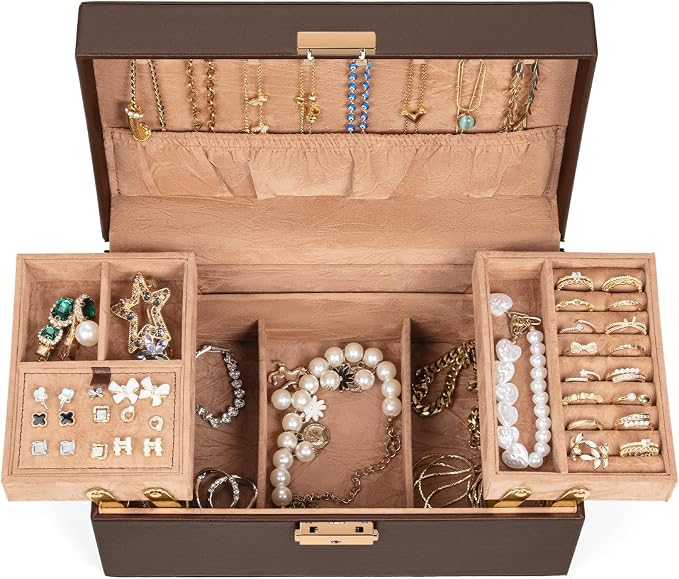 AKOZLIN Travel Jewelry Box Organizer Functional 2-trays Leather Jewelry Storage Case with Lockable Portable for Women Girls Ring Necklace Earring Bracelet - Image 6