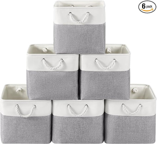13 x 13 Inch Cube Storage Bins, 6 Pack Fabric Storage Basket with Handles, Foldable Boxes Organizer for Shelf Baskets for Home, Clothes (White/Grey) by VQRTEXAStorageBasket