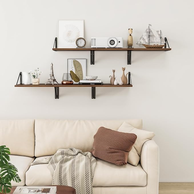 Heimlove Deep Floating Shelves for Wall, 12 Inch Deep Floating Shelves Set of 3, 16W x 12D Wood Wall Shelves, Wide Wood Shelves with Metal Bracket for Living Room, Kitchen, Office, Bedroom - Walnut - Image 6
