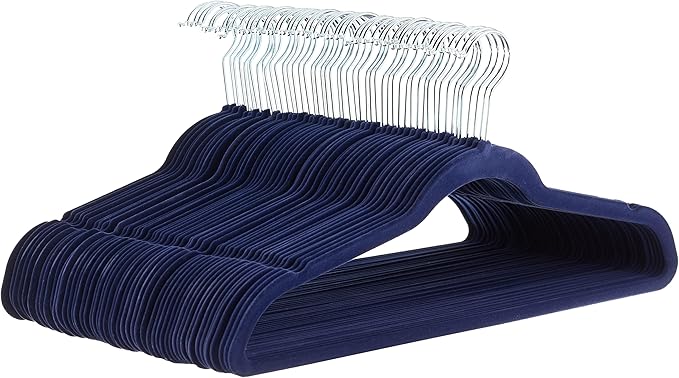 Amazon Basics Slim Velvet Non-Slip Space Saving Suit Clothes Hangers for Closet Organization, Navy Blue/Silver, 50-Pack by AmazonBasics