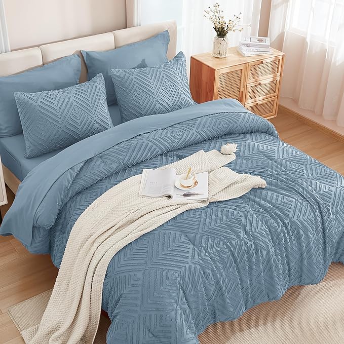 Andency Grayish Blue Super King Size Comforter Set with Sheets - 7 Pieces Bed in a Bag Boho Tufted Bedding Sets Fluffy Lightweight Super King Bed Set with Comforter, Sheets, Pillowcases & Shams