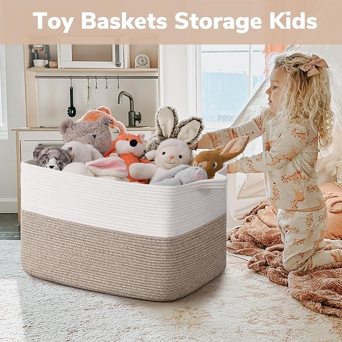 Goodpick Large Blanket Basket 22" x 17" x 12" Woven Storage Baskets for Organizing, Rectangle Cotton Rope Basket for Living Room Bedroom, Toy Baskets Storage Kids, White & Brown - Image 4