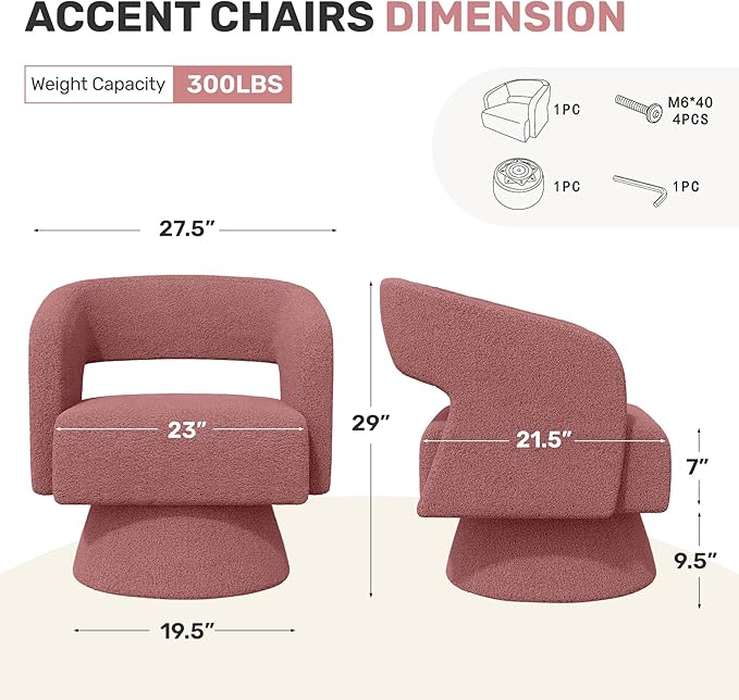 Nebuaegis Swivel Accent Chair Set of 4, Modern Comfy Teddy Barrel Chairs, Oversized Upholstered Round Arm Chair for Living Room, Bedroom, Reading Room, Dark Pink