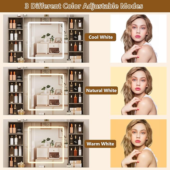 Grey Vanity Desk with Mirror and Lights, Glass Top Vanity with Lighted Mirror & RGB Cabinet and 3 Drawers, Dressing Table with 8 Shelves, Makeup Desk with Lights for Girls Bedroom, 3 Color Modes