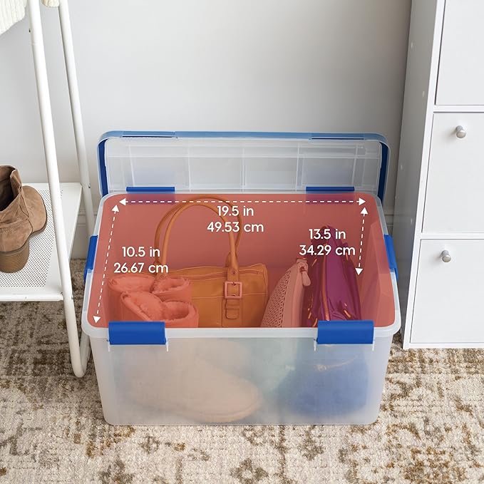 IRIS USA WeatherPro 60 Qt Storage Bins with Lids, 3 Pack, BPA-Free Plastic Gasket Box with Tight Latch and Seal, Stackable Nestable Tote Tub - Clear/Blue - Image 3