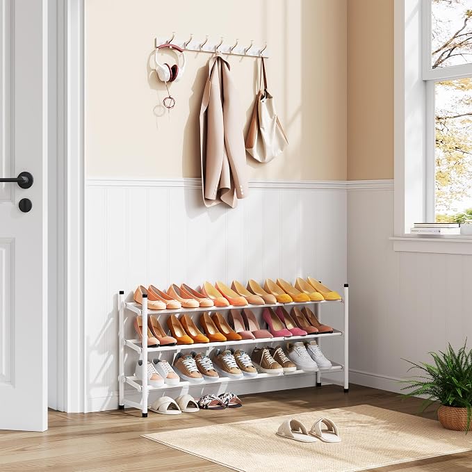 Tajsoon Expandable Shoe Rack for Closet 3 Tier, 28“-41“Adjustable & Stackable Shoe Shelf Storage, Metal Shoe Rack Organizer for Front Door Entrance, Closet, Garage, Entryway, White - Image 2