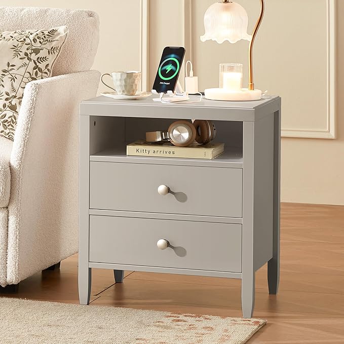 Huuger Grey Nightstand Set of 2, Night Stand with Charger Station, Bedside Table with 2 Drawers, Bed Side Tables for Bedroom, Modern Nightstands, Metal Knobs, Painted Surface