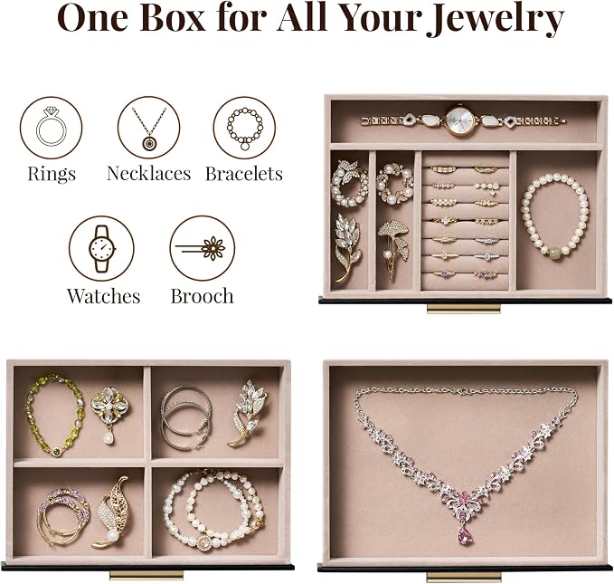 pickpiff Jewelry Box Organizer Case for Women: 3-Layer Jewelry Storage Case with Glass Window, Black Leather with Blush Velvet, Holder for Ring Necklace Bracelet Brooch Watch, Great Gift for Her - Image 2