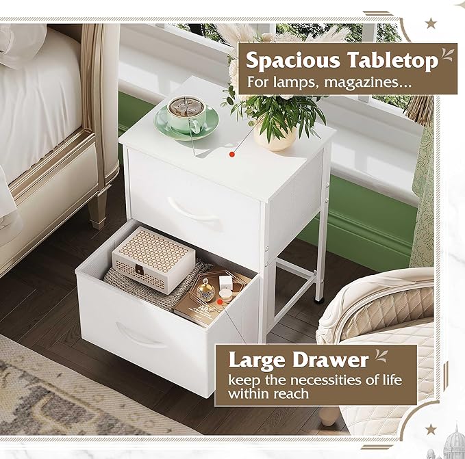 WLIVE White Night Stand, Small Dresser with 2 Drawers & Wooden Top, Nightstand with Fabric Bins, Bedside Table End Table for Bedroom, Closet, Entryway, College Dorm, White