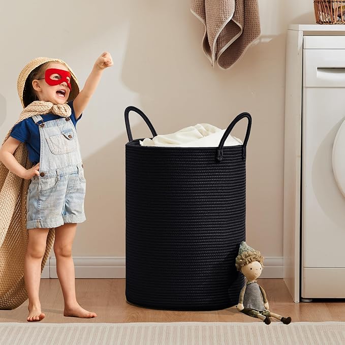 60L Black Woven Cotton Rope Laundry Hamper Basket for Clothes Tall Modern Blanket Storage Basket in Living Room Bedroom 15Dx20H inches - Image 6
