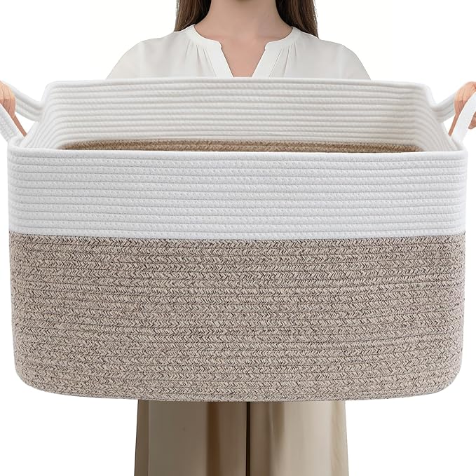 96L Large Blanket Basket,24"x16"x15"Rectangle Storage Bin with Handles,Woven Rope Laundry Basket for Toys, Clothes,Magazines,Home Organization,Nursery,Living Room & Bedroom,White & Brown by HZFTJOY