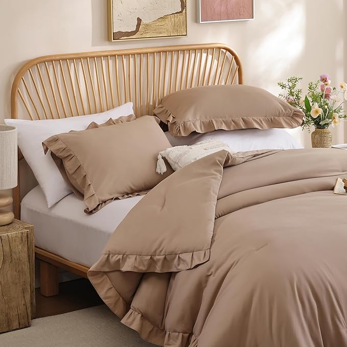 JANZAA Twin Ruffled Comforter Set 3PCS (1 Taupe Comforter Set and 2 Pillowcases) Vintage Farmhouse Shabby Chic Bedding Soft Fluffy All Season