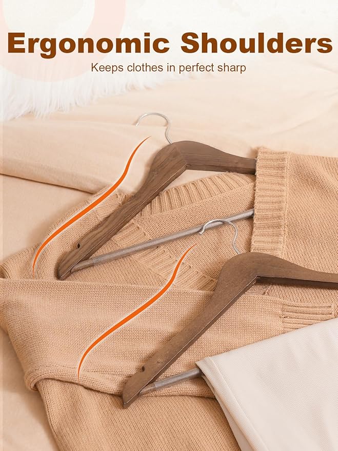 HOUSE DAY Walnut Wooden Hangers 10 Pack, Solid Wood Hanger with Non Slip Pant Bar, Heavy Duty Wooden Coat Hanger for Closet, Smooth Finish Wood Clothes Hangers for Shirts, Suits, Jackets, Dress - Image 6