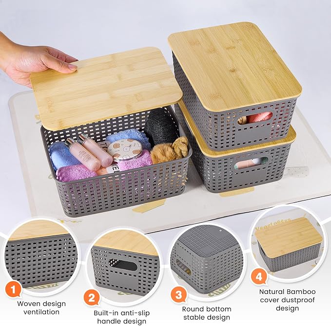 Plastic Storage Baskets With Bamboo Lid - Plastic Storage Containers Stackable Storage bins: Storage Baskets for Organizing Shelves Drawers Desktop Closet Playroom Classroom Office, 6 Pack, Gray - Image 3