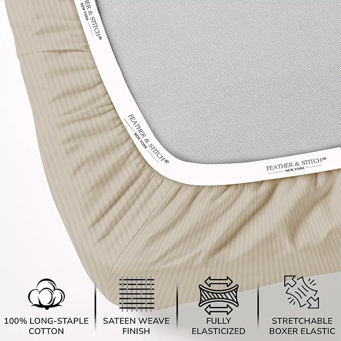 Feather & Stitch 500 TC Split King Size Sheet Set, 5 Piece Bed Sheets Set-2 Twin Fitted Sheet, 1 King Flat Sheet & 2 King Pillowcases, 18" Deep Pockets Sateen Weave Striped Bedsheet - (Beige Stripe)
