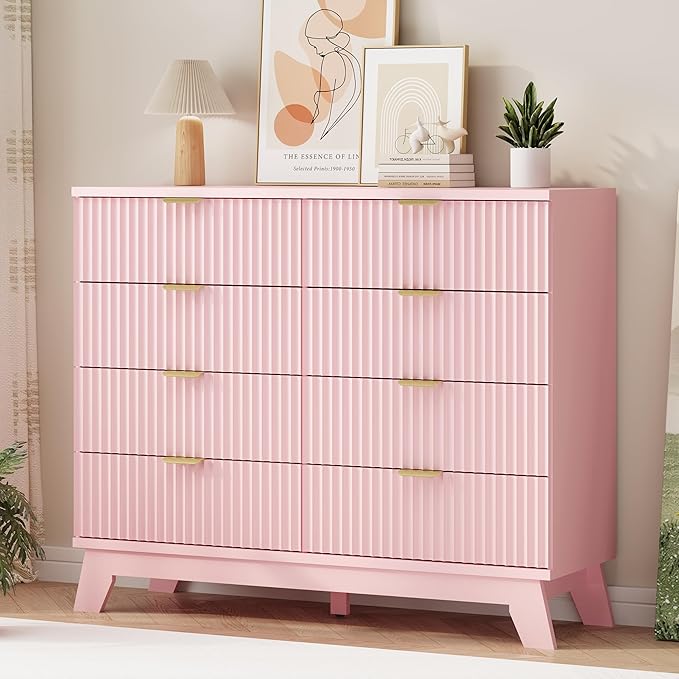 Xixini Fluted Dresser for Bedroom with 8 Drawers, 48" Wide Modern Chest of Drawers with Metal Handle, Wooden Dresser TV Stand, Wood Closet Clothes Storage Organizer for Living Room, Hallway, Pink