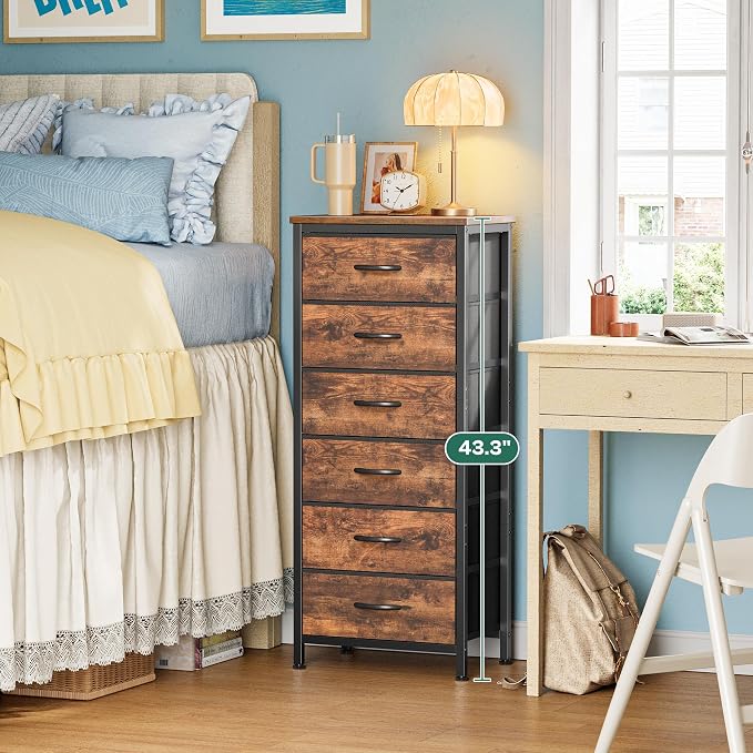 Huuger 43.3 Inch Tall Dresse for Bedroom, 6 Drawer Dresser & Chests of Drawers, Fabric Dresser for Closet, Bedroom, Night Stand, End Table with Metal Frame, Storage Tower, Rustic Brown - Image 3