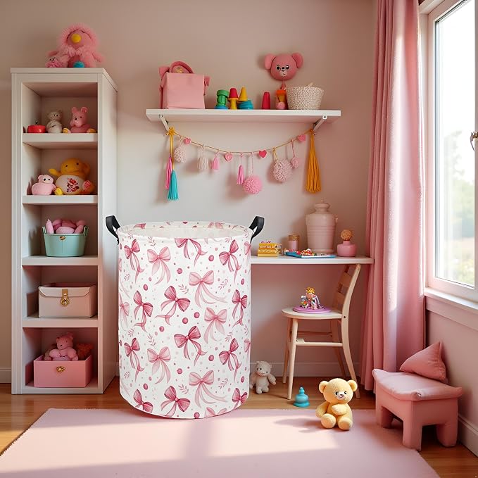 HIYAGON Butterfly Baby Laundry Basket Baby Hamper for Nursery Girl Kids Butterfly Hamper Cute Kids Toys Storage Bin Organizer Butterfly Room Decor for Home(Pink Bowknot) - Image 2
