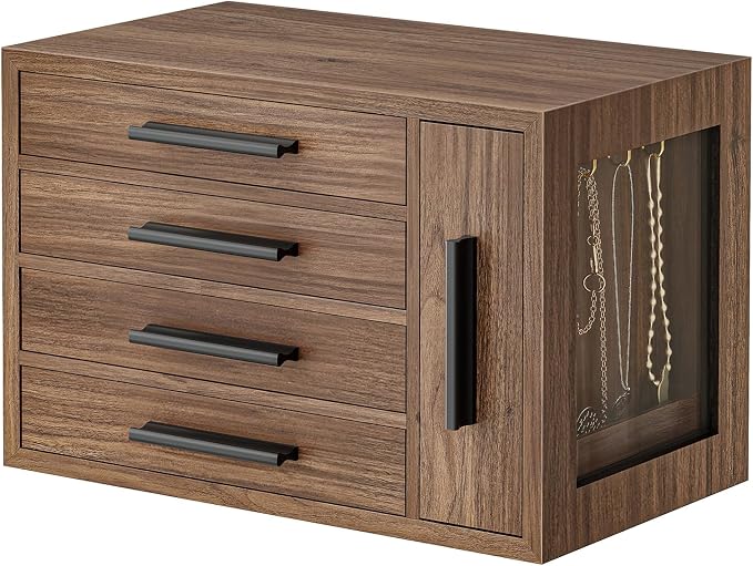 HOOBRO Jewelry Box for Women, Wooden Jewelry Organizer with Transparent Window, 4-Layer Jewelry Organizer Box, Jewelry Holder Organizer for Earrings, Necklaces, Rings, Walnut and Black BH09JB04 by HOOBRO