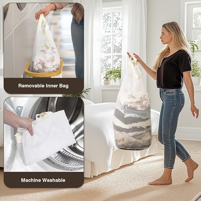 Slim Laundry Hamper with Lid, 60L Small Laundry Basket with Handles&Removable Bag, Thin Dirty Clothes Hampers for Laundry, Narrow Laundry Hampers for Bedroom Aesthetic, Beige - Image 5