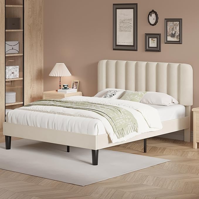 VECELO Full Size Bed Frame with Upholstered Headboard, Velvet Platform Bedframe Mattress Foundation, Strong Wood Slat Support, No Box Spring Needed,Bone Beige