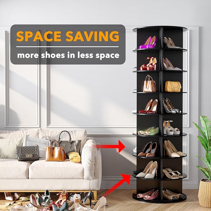 SpaceAid 8 Tier Rotating Shoe Rack Tower, Spinning Shoe Display Lazy Susan, Revolving 360 Shoe Rack Storage Round Carousel, Vertical Handbag Rotate Shoes Closet Organization (8-Tier Black) - Image 3