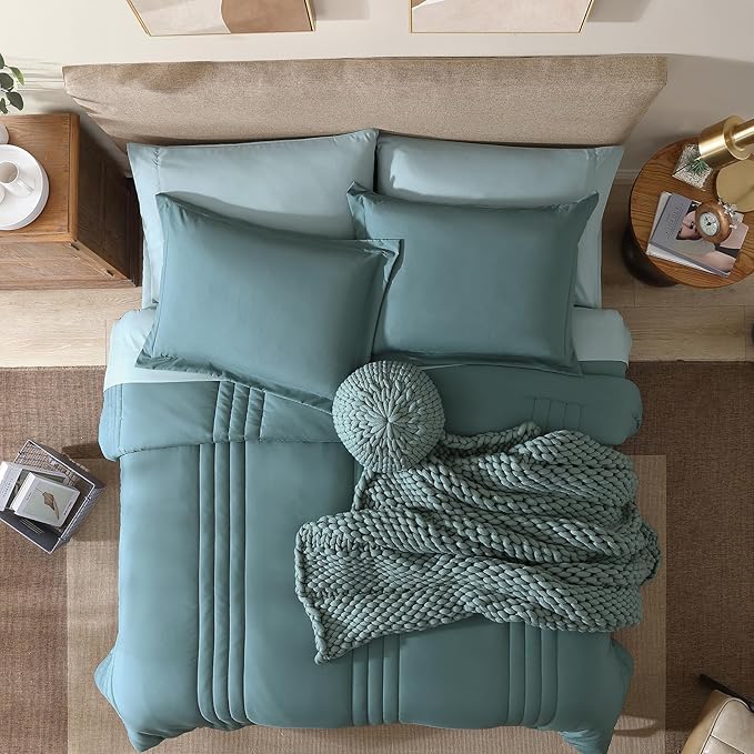 Monbix Oversized King Size Comforter Set - 7 Pieces Blue Green Bed in a Bag Oversized King Bedding Sets with Comforters, All Seasons Comforter Bed Set with Sheets, Pillowcases & Shams