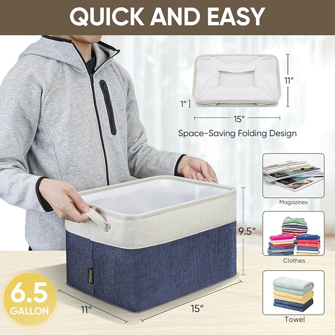 BALEINE 4 Pack Fabric Closet Storage Bins for Shelves, Linen Closet Organizers and Storage, Decorative Baskets for Organizing, Shelf, Clothes, Home, Office (Navy Blue, 15"x11"x9.5") - Image 4