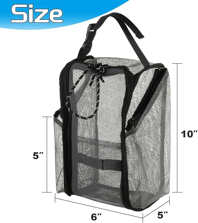 Cosmos Mesh Shower Caddy Toiletry Organizer Hanging Shower Tote Bag, Quick Dry Shower Organizer Portable Bath Bag with Durable Zippers & Side Pockets for Travel Gym Swimming Beach & Camp (Gray) - Image 2