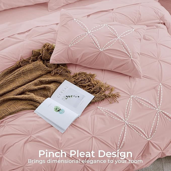 Sasttie Full Size Comforter Set, 7-Piece Bed in a Bag, Pintuck Bedding Set for All Season, Includes Comforter, Flat Sheet, Fitted Sheet, Pillowcases and Pillowshams, Rose Gold