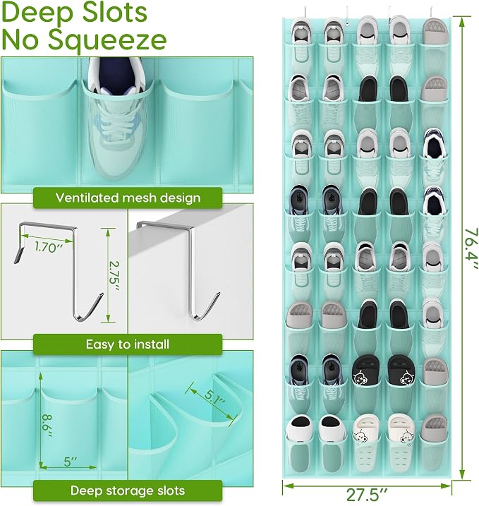 Unjumbly Over the Door Shoe Organizer with 40 Large Breathable Mesh Pockets, Space Saving Shoe Holder, Hanging Shoe Rack for Entryway Bedroom Closet Storage (Mint Blue, 40 Pockets) - Image 2