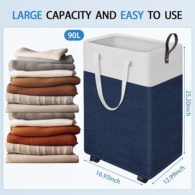 HomeHacks 90L Rolling Laundry Hamper with 4 Smooth Wheels, Collapsible Waterproof Clothes Basket, Freestanding Tall Hamper with Extended Handles for Bedroom/Dorm/Laundry Room (Blue) - Image 2