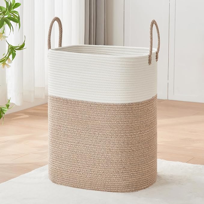 AINUOQI Laundry Basket with Handles - Blanket Basket & Hampers for Bedroom Aesthetic, Laundry Hamper & Blanket Storage for Living Room, Clothes Hamper, Tall, Large 17" x 14" x 26”, White & Rice Brown by AINUOQI