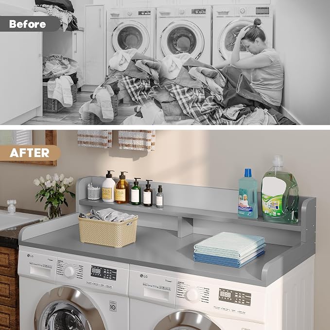 2-Tier Washer Dryer Countertop with 2.75" H Edge Rails, 58" W x 28" D Laundry Countertop for Folding Clothes, Washer and Dryer Topper with Non-Slip Pad (Gray) - Image 7